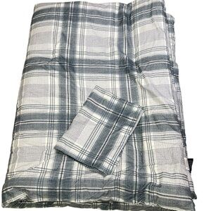 Brooks Brothers Twin Plaid Cotton Flannel Comforter And Sham Gray White EUC